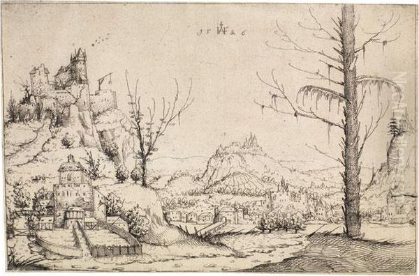 Landschaft Mit Burg Auf Hohem Fels Links Oil Painting by Augustin Hirssfogel Hirschvogel