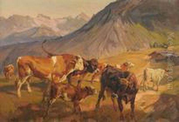 Kuhe Auf Der Alp Oil Painting by Ernst Ii Hodel