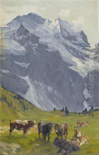 Weidende Kuhe Vor Der Jungfrau Oil Painting by Ernst Ii Hodel