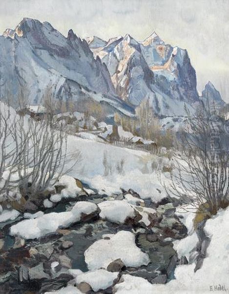 Winterliche Landschaft Mit Wetterhorn. Oil Painting by Ernst Ii Hodel
