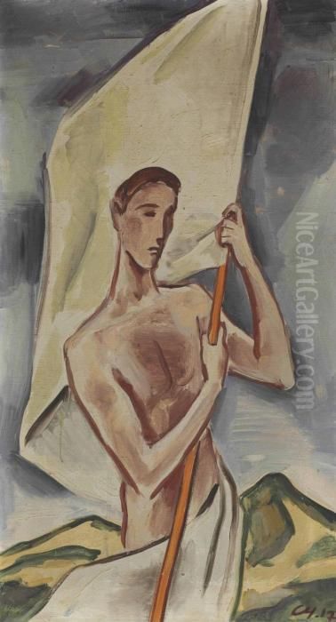 Jungling Mit Fahne Oil Painting by Carl Hofer