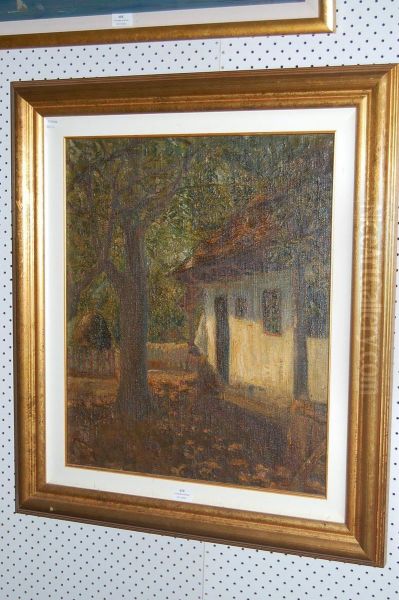 Figure Seated Near Cottage Oil Painting by Simon Hollosy