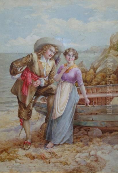 A Young Girl Standing Beside A Boat With An Amorous Gentleman Oil Painting by Maud Hollyer