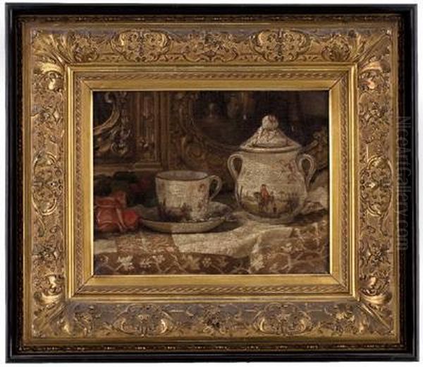 Stillleben Mit Rose, Porzellantasse Undzuckerdose Oil Painting by August Holmberg