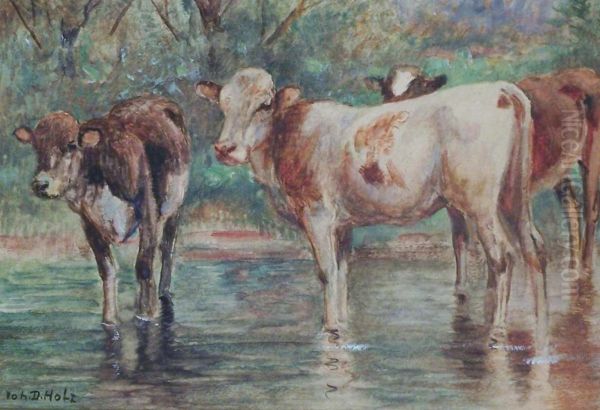 Drei Kuhe Am Ufer Oil Painting by Johann Daniel Holz