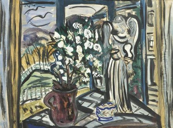 Angel & Flowers In A Window Oil Painting by Evie Sydney Hone