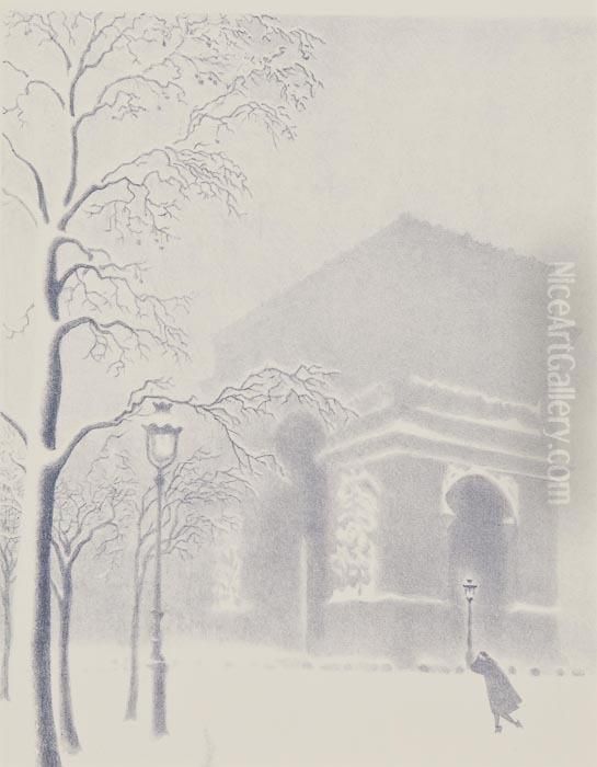 Washington Arch In Snow; Washington Arch In Snow With Bus Oil Painting by Ellison Hoover