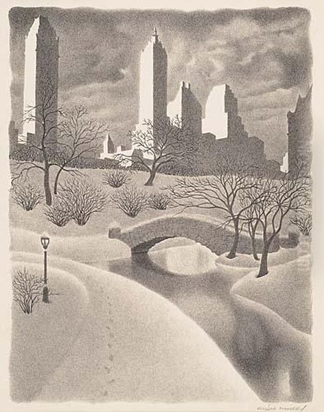Two Lithographs.
Central Park In The Snow Oil Painting by Ellison Hoover