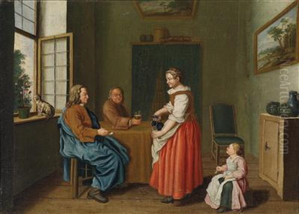An Interior With Two Men At A Table Attended To By A Maidservant Oil Painting by Jan Jozef, the Younger Horemans