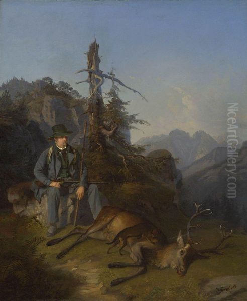 Jager Mit Erlegtem Vierzehnender Oil Painting by Theodore Horschelt