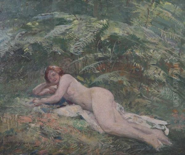 Liggend Naakt Onder De Varens Oil Painting by Leon Houyoux