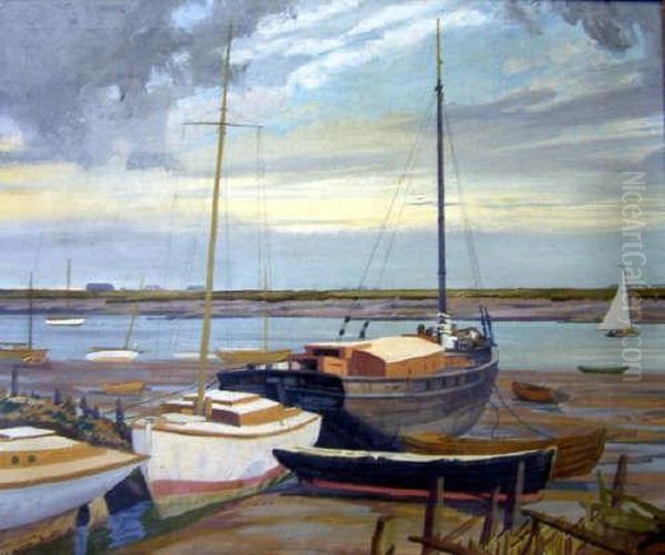 Yachts At Low Tide Signed 25 X 30in Oil Painting by Norman Howard