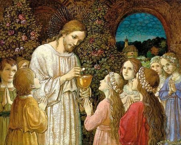 Christus Beim Abendmahl Mit Erstkommunikanten Oil Painting by Hans Huber-Sulzemoos