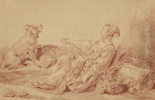 Bergere Assise Avec Son Chien Oil Painting by Jean-Baptiste Huet