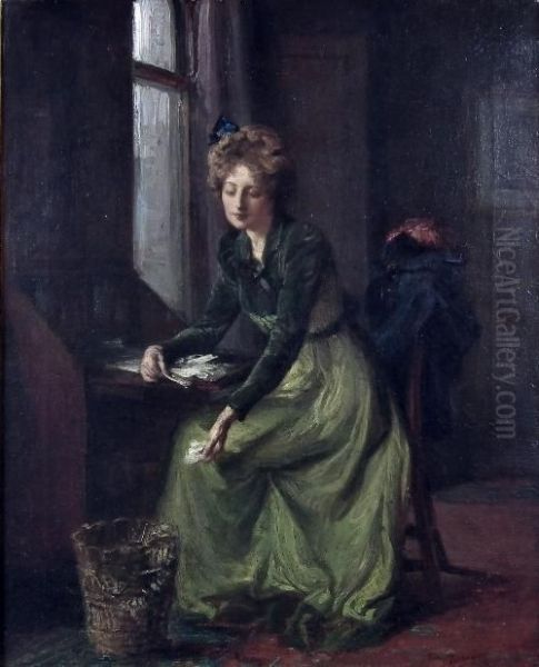 Girl In Green Dress Sitting At A Bureau Oil Painting by Talbot Hughes