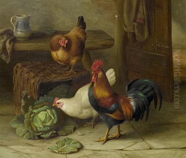 Chickens And A Cabbage; Chickens And Chicks In A Barn Oil Painting by Edgar Hunt