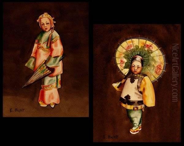 Two Works: Child With Open Parasol And Child In Pink Andgreen Oil Painting by Esther Anna Hunt