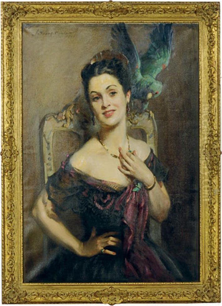 A Beauty With A Parrot Oil Painting by John Young Hunter