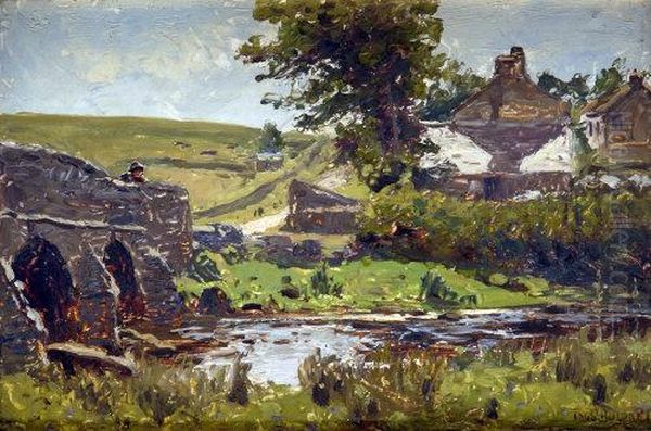 A Pair, Rural White Cottage, With Chickens And The Quiet
 Stream Oil Painting by Thomas Huson