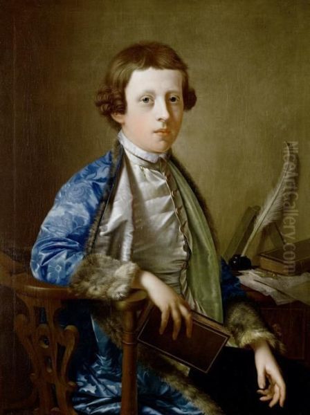 Portrait Of A Boy, Traditionally Identified As John Wolffe, Three-quarter-length, In A Blue Brocade Fur-trimmed Coat, Seated At A Table Holding A Book Oil Painting by Giles Hussey