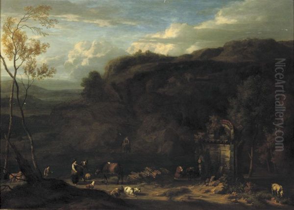 An Italianate Landscape With Peasants And Animals Near A Classicalfountain Oil Painting by Jan Baptist Huysmans