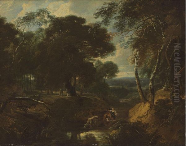 A Wooded Landscape With A Herder By A Stream Oil Painting by Philip Augustijn Immenraet