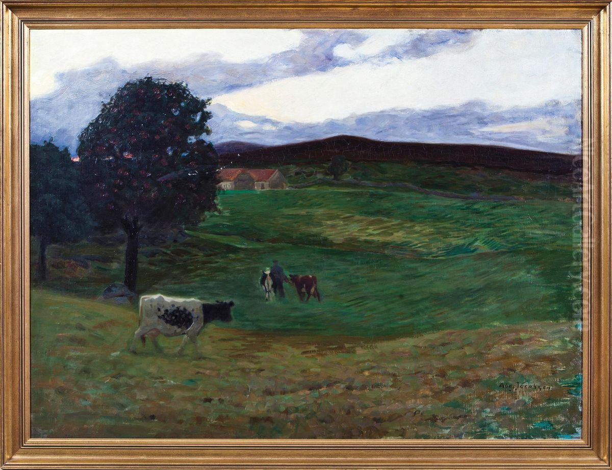 Scenery With Cows Oil Painting by August Jacobsen