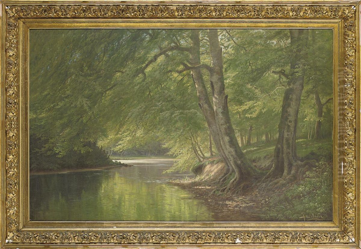 A Quiet Stretch Of River Oil Painting by August Jacobsen