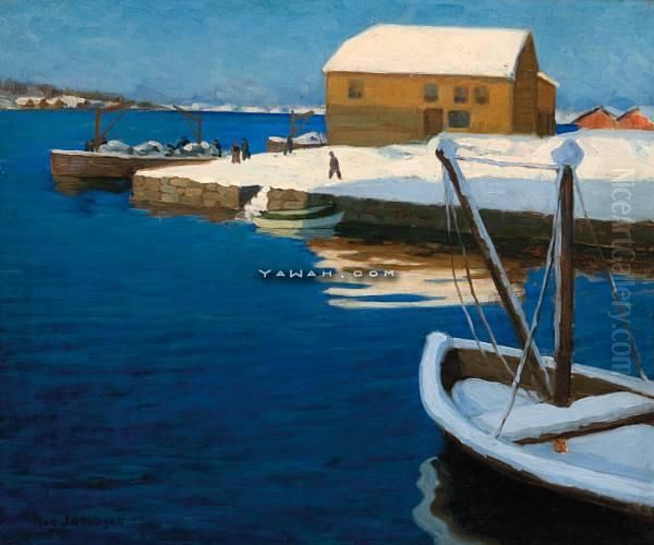 Vinterdag Ved Brygga Oil Painting by August Jacobsen