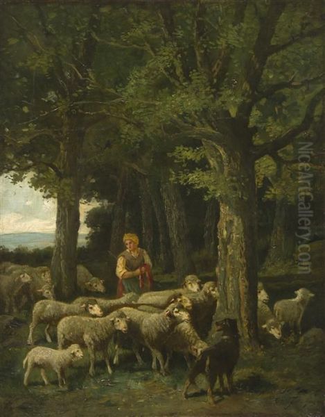 Shepherdess And Her Flock Oil Painting by Charles Emile Jacque