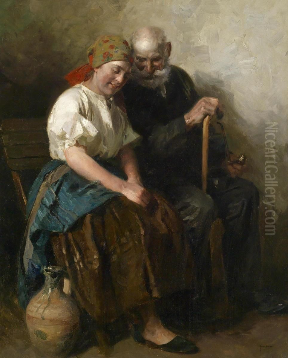 Balatonalmadi In Conversation Oil Painting by Lajos, Louis Jambor