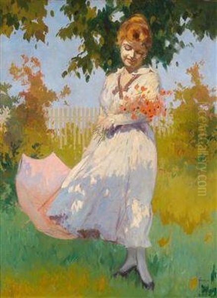 Junge Frau Im Garten Mit Sonnenschirm Oil Painting by Lajos, Louis Jambor