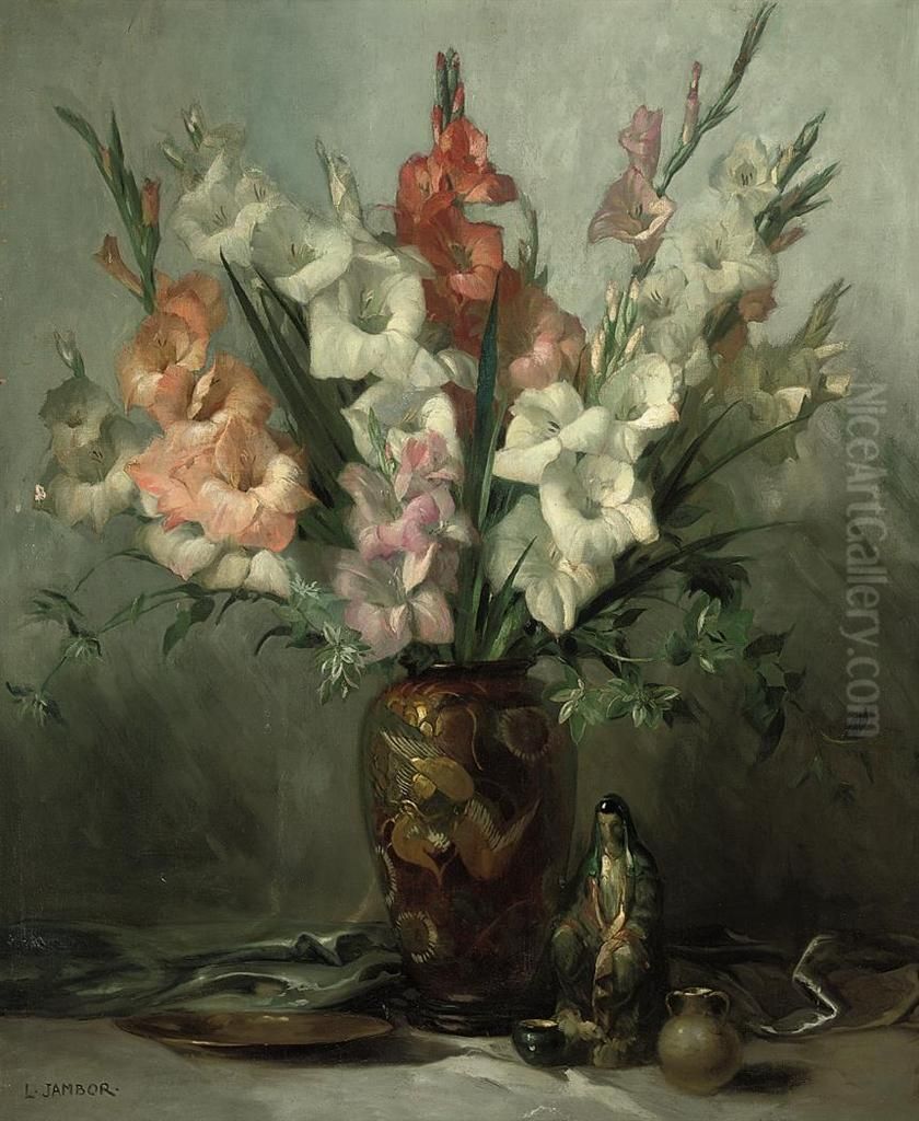 Gladioli In An Oriental Vase With Ornaments On A Draped Table Oil Painting by Lajos, Louis Jambor
