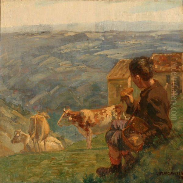 Mountain Landscapw With A Young Herdsman Eating Lunch While The Cattle Is Grazing Oil Painting by Luplau Janssen