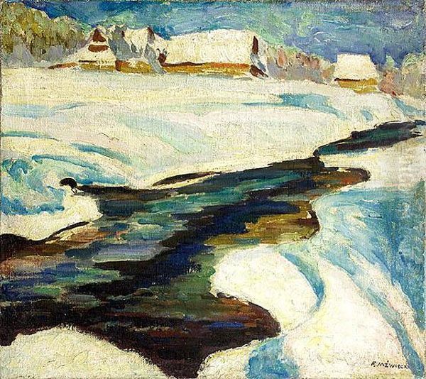 Pejzaz Zimowy Lata 30-te. Oil Painting by Franciszek Adam Jazwiecki