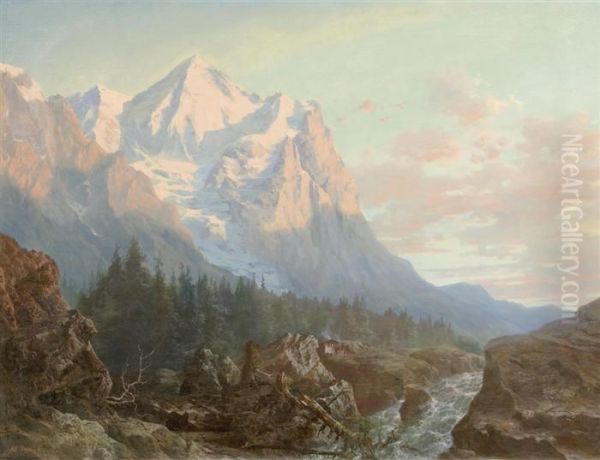 Landscape With Mountains At Sunset Oil Painting by Arnold Jenny