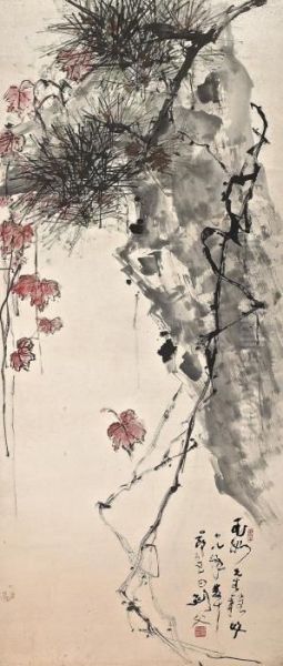 Pine And Autumn Leaves Oil Painting by Gao Jianfu