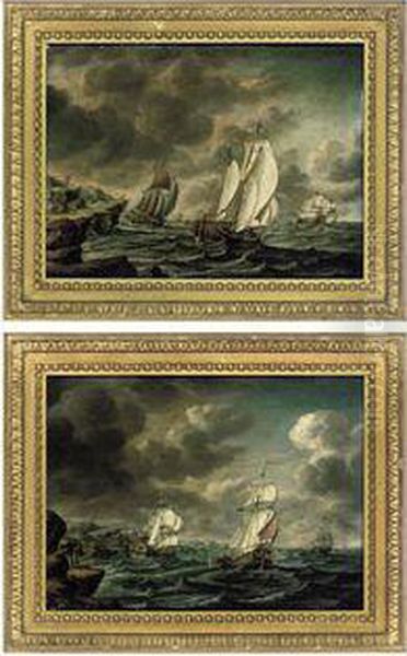 A Dutch Man-o'war And Trading Vessels Off A Rocky Headland Oil Painting by Pieter Jochums Lofvers