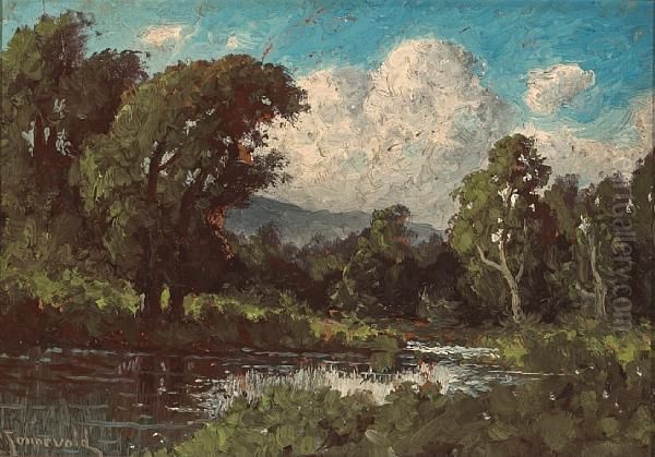 Placid Pond With Cumulus Clouds In The Distance Oil Painting by Carl Henrik Jonnevold