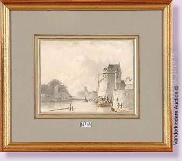 Fortification En Bord De Riviere Animee Oil Painting by Pieter Hendrik Lod. Jonxis