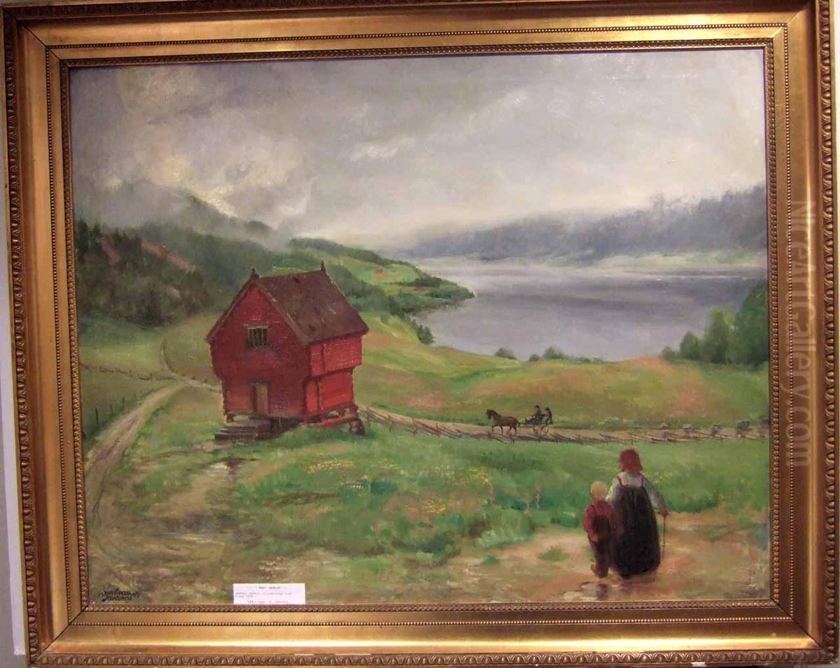 Bergslandskap Med Barn Och Stuga Oil Painting by Harald Jordan