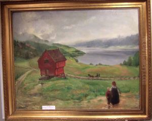 Bergslandskap Med Barn Och Stuga