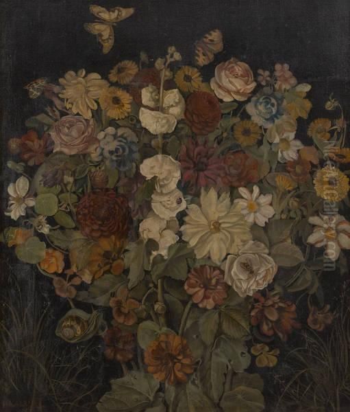 Composition Aux Fleurs Avec Insectes 
Et Escargot Oil Painting by Albert Joseph