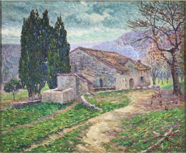 Impressionistic View Of Stone Farm House With Chickens Oil Painting by Albert Joseph