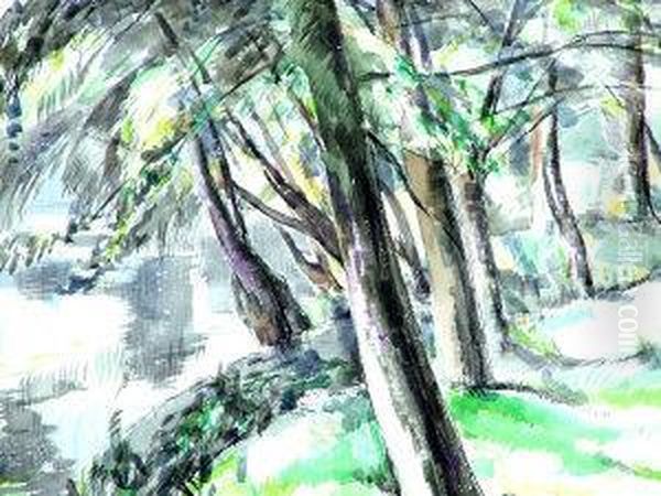 Woodland Scene; Black Chalk And Watercolour, 32.2x47cm: Together With Two Other Woodland Studies In Black Chalk And Watercolour By The Same Hand Oil Painting by Percy Hague Jowett