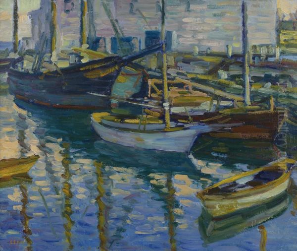 Boats At Dock Oil Painting by Charles Salis Kaelin