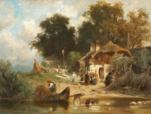 Fischerhauser An Einem Seeufer Oil Painting by Albert Kappis