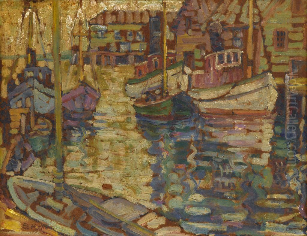 Boats In A Harbor Oil Painting by Susette Inloes S. Keast