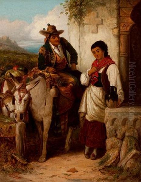 Charla Junto A La Fuente Oil Painting by Robert Kemm