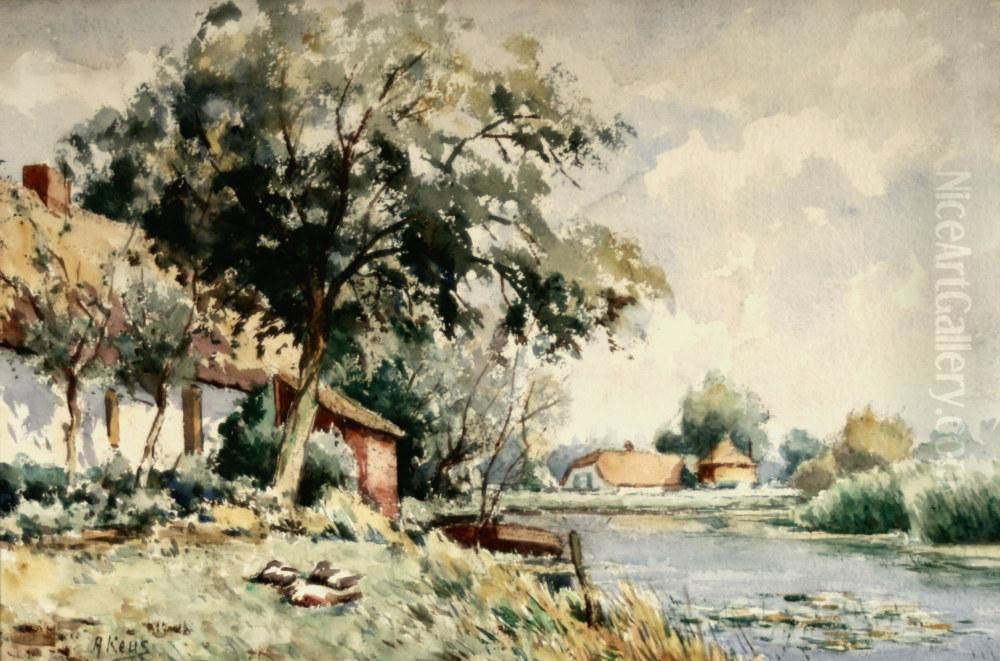 Boerderijen Aan De Vaart. Gesigneerd Oil Painting by Adriaan Keus